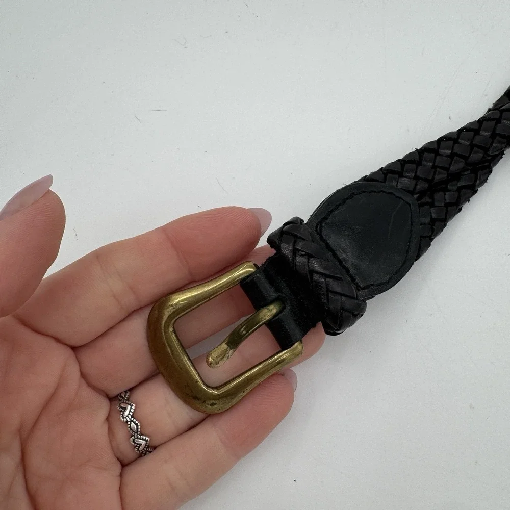 Talbots Genuine Leather Braided Belt Solid Brass Buckle Black XS VTG 6309‎ Boho
